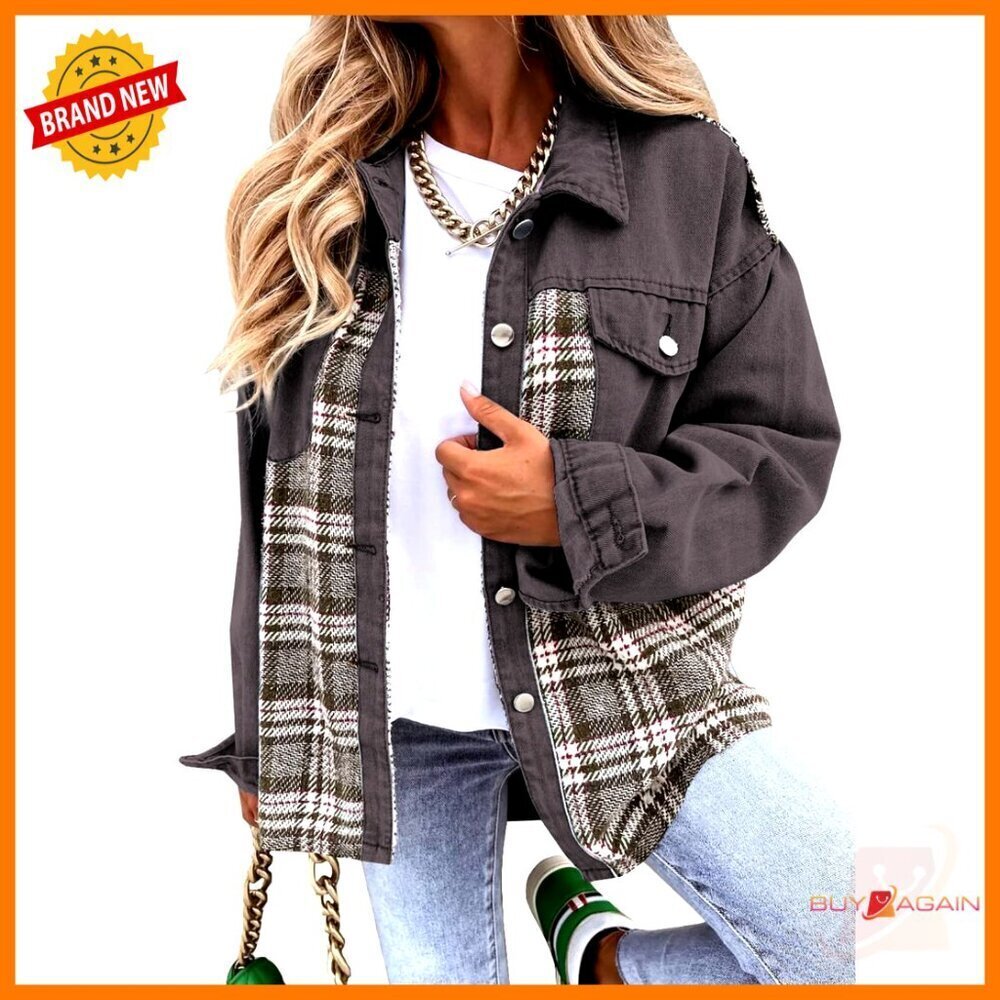 Oversized Denim Shacket Plaid Button Down Boyfriend Fit Distressed Pockets